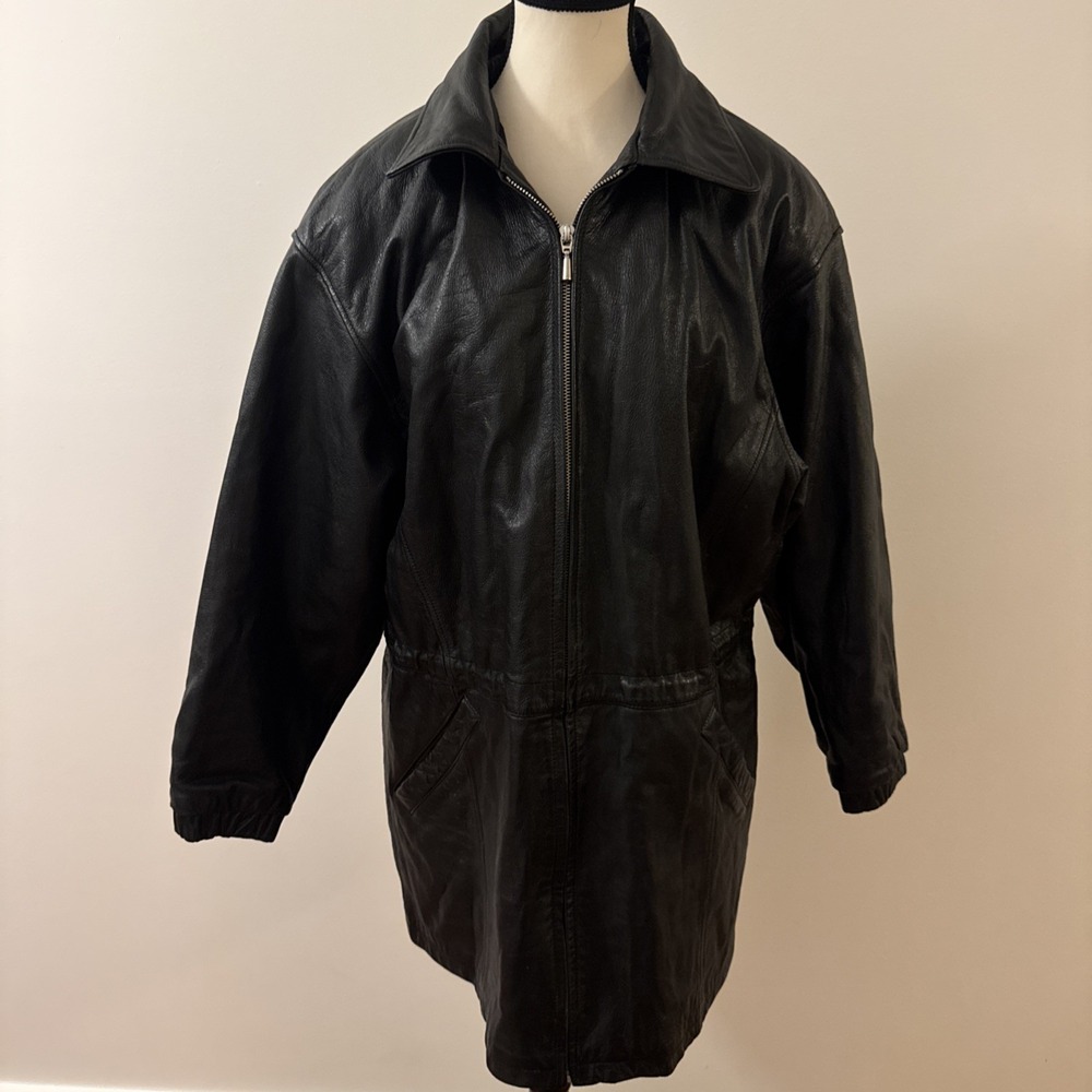 Vintage Wilsons Leather Overcoat Jacket Medium Women's Black Full Zip EUC